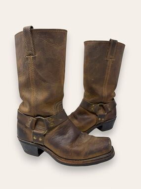 Frye Brown Leather Harness Heeled Boots
